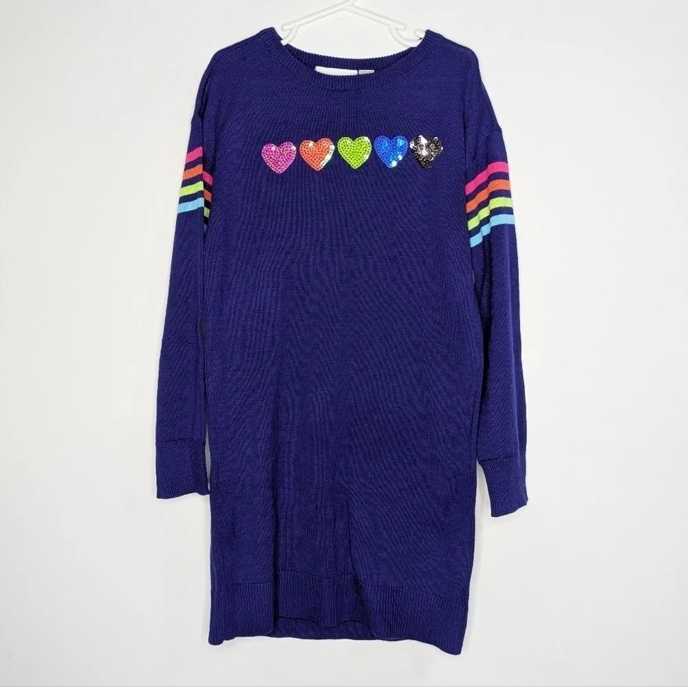NWT Children's Place Blue Rainbow Striped Sequin Heart Sweater Dress 5/6